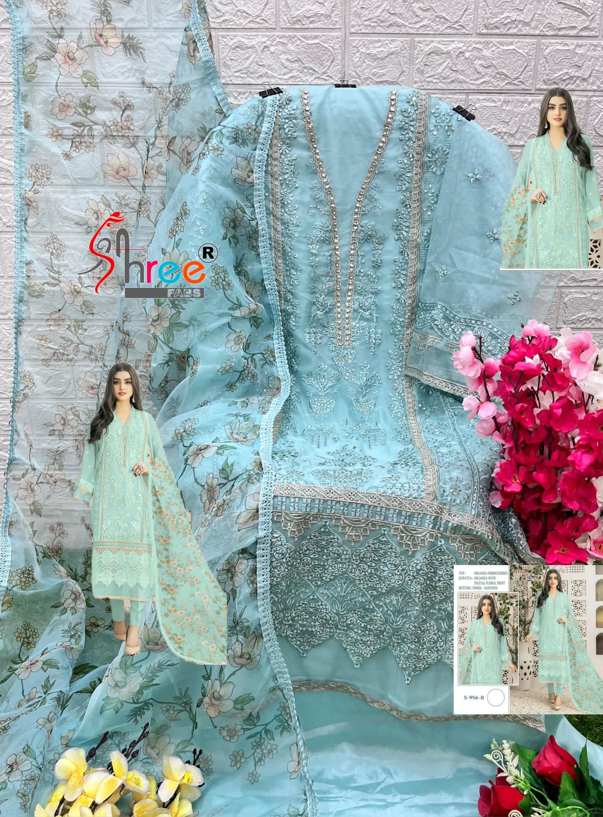S 956 By Shree Organza Embroidery Pakistani Suits Wholesale Market In Surat